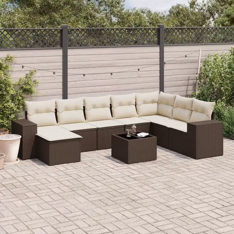vidaXL Set Divani da Giardino a L 9pz in Polyrattan Marrone e Bianco con Cuscini e Tavolino da Caffè