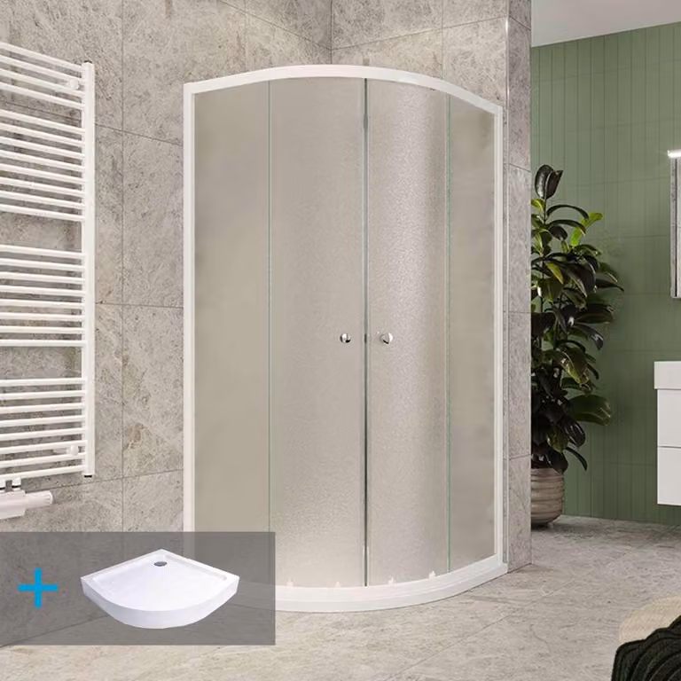 Mereo Set doccia in Kory Lite, quarto di cerchio, 90 cm, ALU bianco, vetro Grape e vassoi SMC alti - CK35121ZH