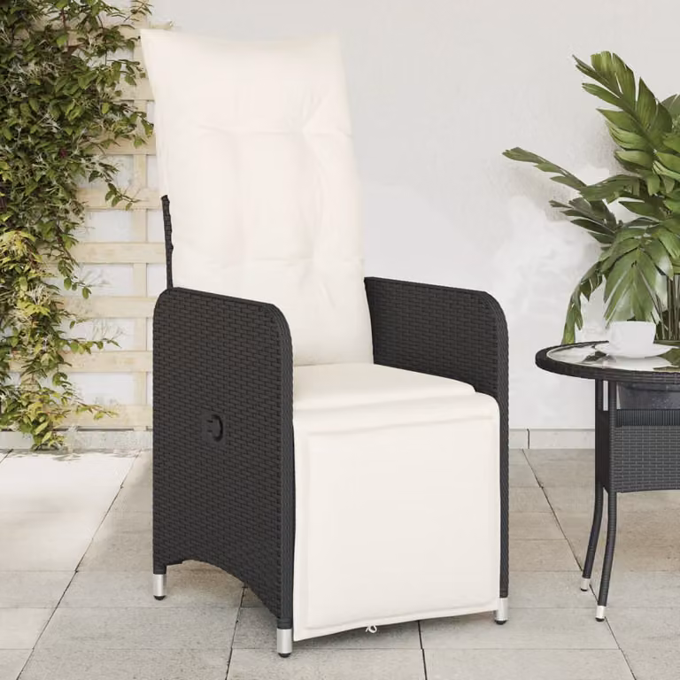 Sedia reclinabile da giardino vidaXL in polyrattan con cuscini nera e bianca