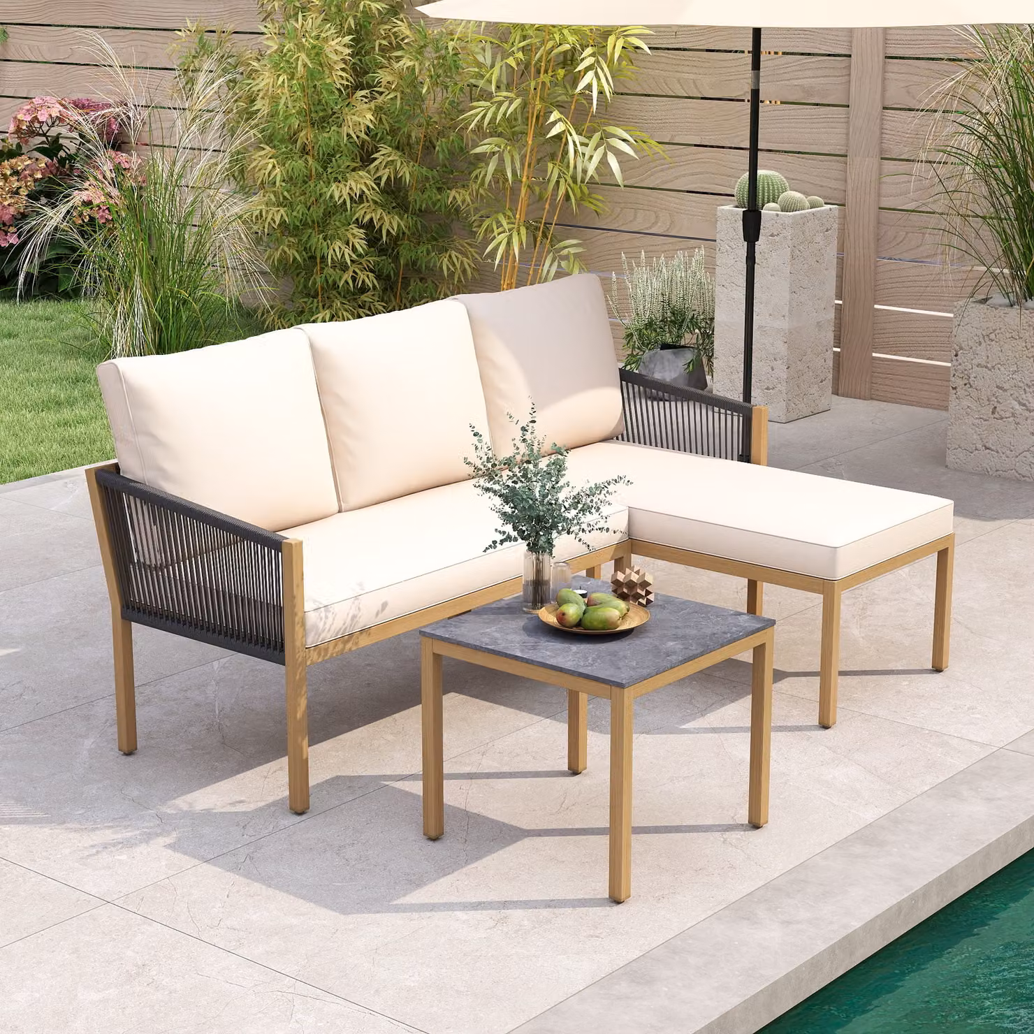 Set da conversazione da giardino Costway composto da 3 pezzi con 2 divani componibili a forma di L in alluminio beige per patio e terrazzo