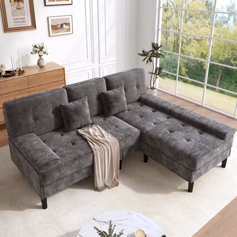 Divano angolare in velluto, forma a L, dimensioni 195x149x86 cm, divano a 3 posti con poggiapiedi regolabile, design modulare ideale per soggiorni e appartamenti