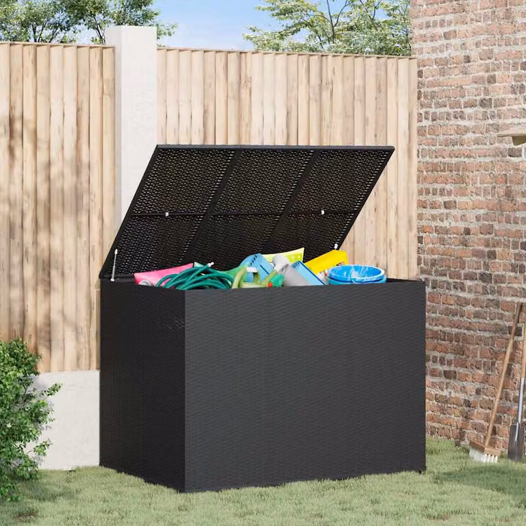 Contenitore da giardino moderno vidaXL in rattan PE e metallo, Nero, L: 145 cm, P: 100 cm, H: 103 cm