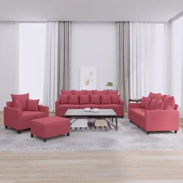 Set di divani moderno vidaXL in velluto rosso composto da un divano a 3 posti, un divano a 2 posti, un pouf e cuscini decorativi