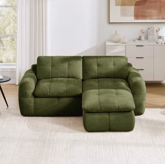 Divano modulare angolare 2 posti con pouf 194x160x68 cm in chenille verde