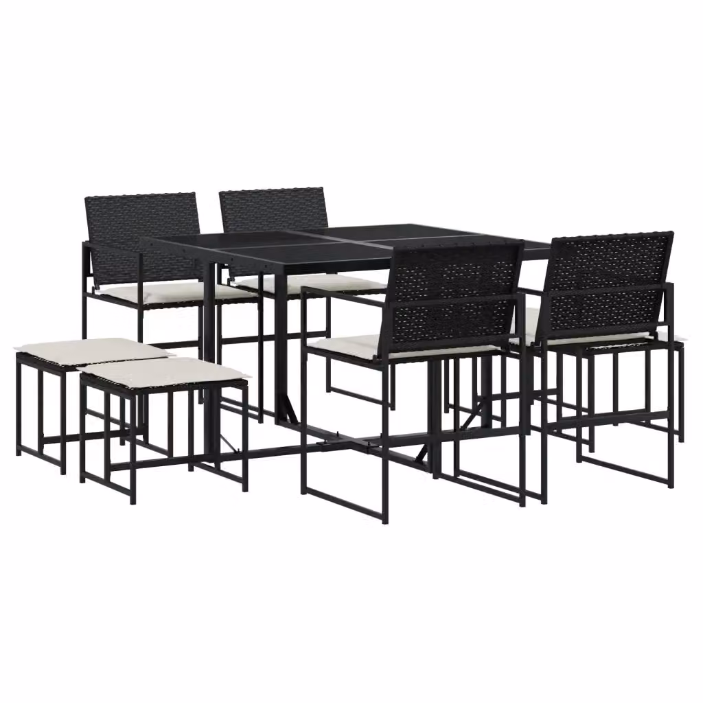 Set da Pranzo da Giardino vidaXL 9 pz in Polyrattan Nero con Cuscini e Piano in Vetro – 2