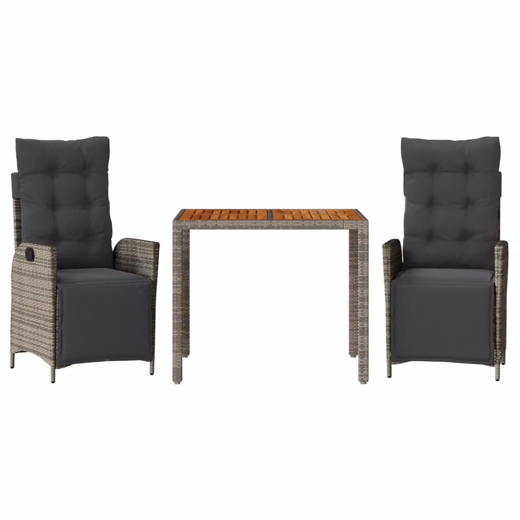 Set da Pranzo da Giardino 3 pz con Cuscini in Polyrattan Grigio