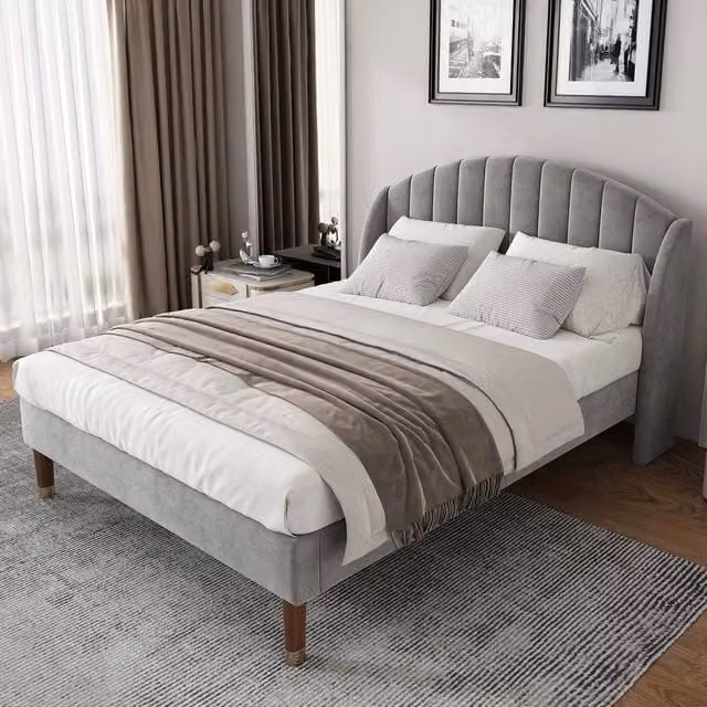 Letto imbottito Minimal con rete a doghe e testiera in velluto grigio L: 140 cm x P: 200 cm – 1