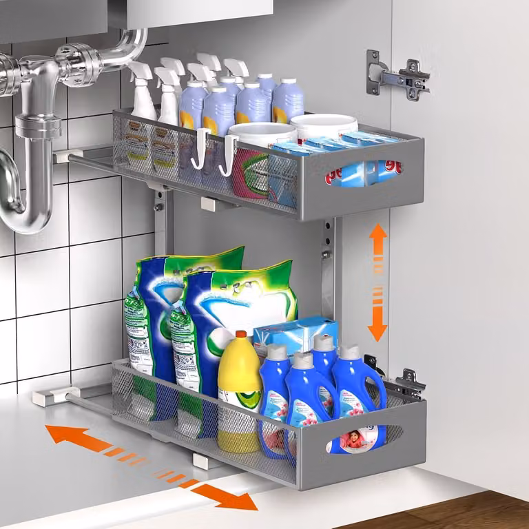 Organizzatore estraibile per lavello, 2 ripiani, metallo, grigio, 22 cm di larghezza