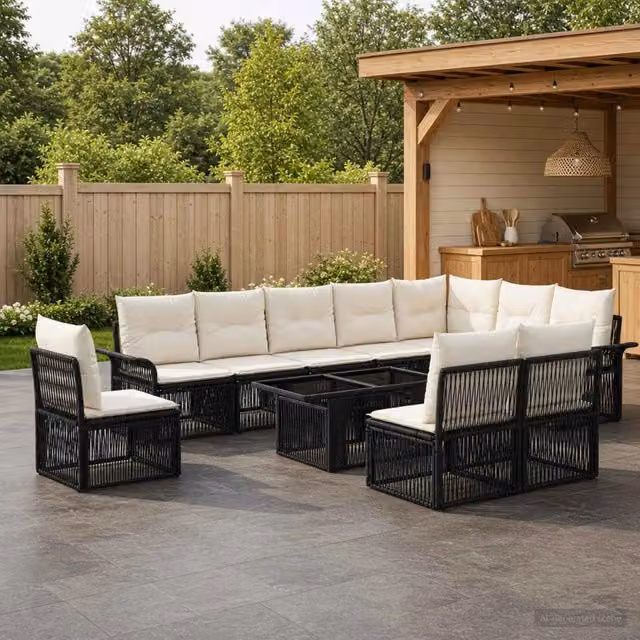 Set Divano da Giardino 11 pz Nero e Bianco Crema polyrattan 3436651