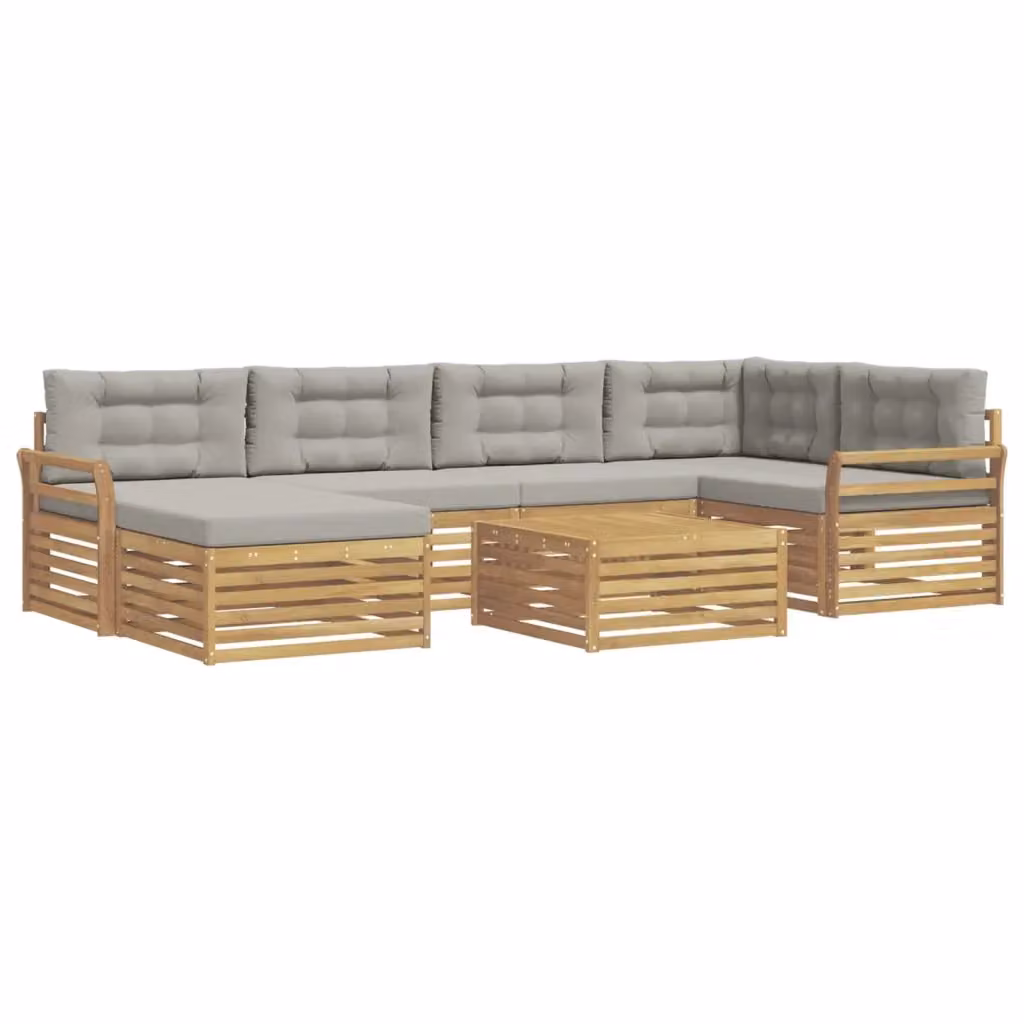 Set di divani da esterno vidaXL a forma di L composto da 7 pezzi in legno di acacia con cuscini bianchi e grigi per giardino e terrazza – 2