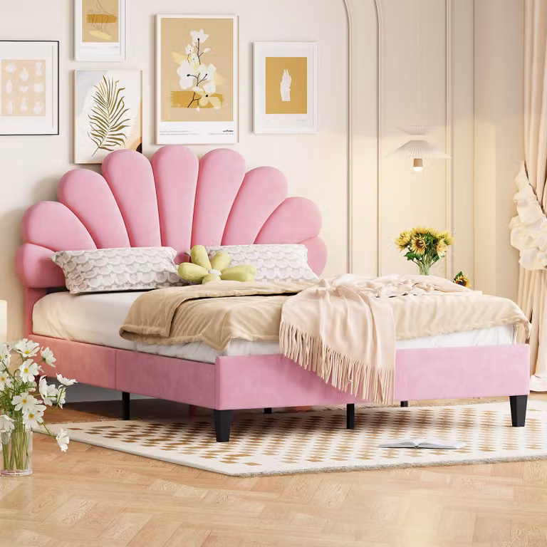 Letto imbottito Merax 140x200 cm con testiera a fiori in velluto, letto matrimoniale per ragazzi, letto per ospiti con struttura robusta, color rosa