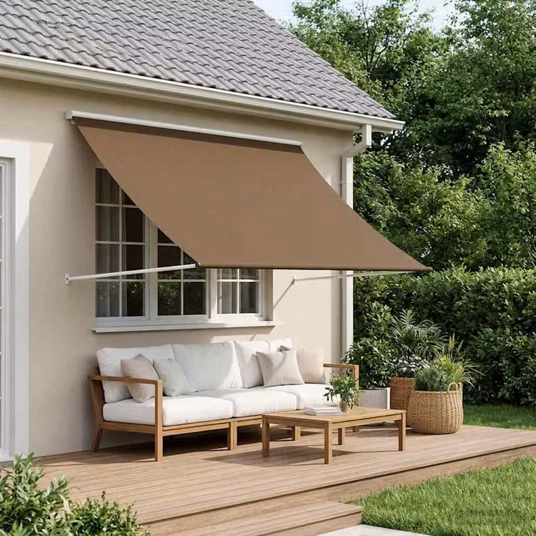 Tenda da sole vidaXL a parete con bracci pieghevoli in acciaio e poliestere, colore tortora, L: 350 cm, P: 150 cm