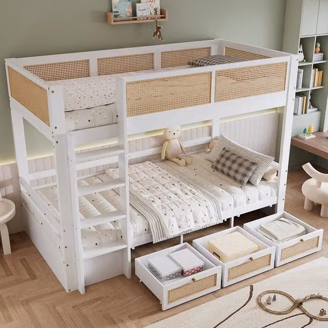 Letto a castello in vimini - Xylo - 90x200cm bianco/naturale, 3 cassetti