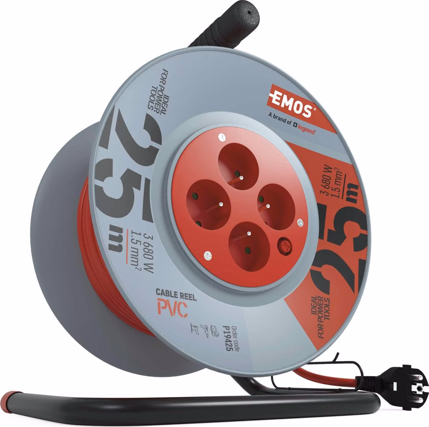 EMOS Cavo di prolunga rosso in bobina 25 m, 4 prese, PVC, 230V, 1,5 mm2 P19425