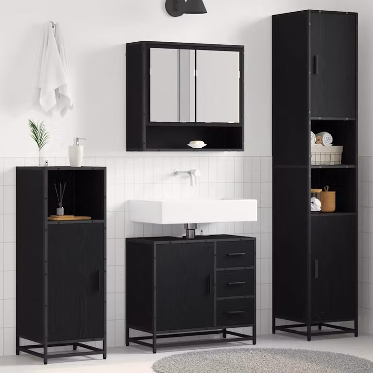 Set di mobili per il bagno moderno vidaXL 4 pezzi in rovere e nero con illuminazione LED e specchio