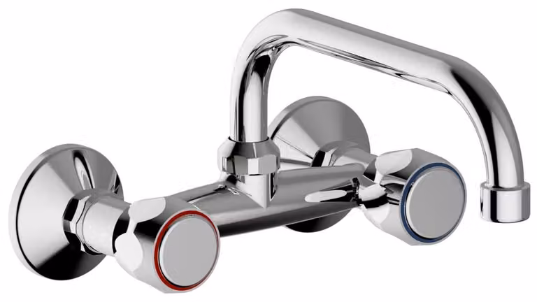 Schläfer 3431411 | Rubinetto a Muro da Cucina per Lavello, Lavatoio Lavanderia e Lavabo Bagno da Parete con 2 Manopole, Canna Girevole Universale a U x 180mm, Aeratore Risparmio. Cromo