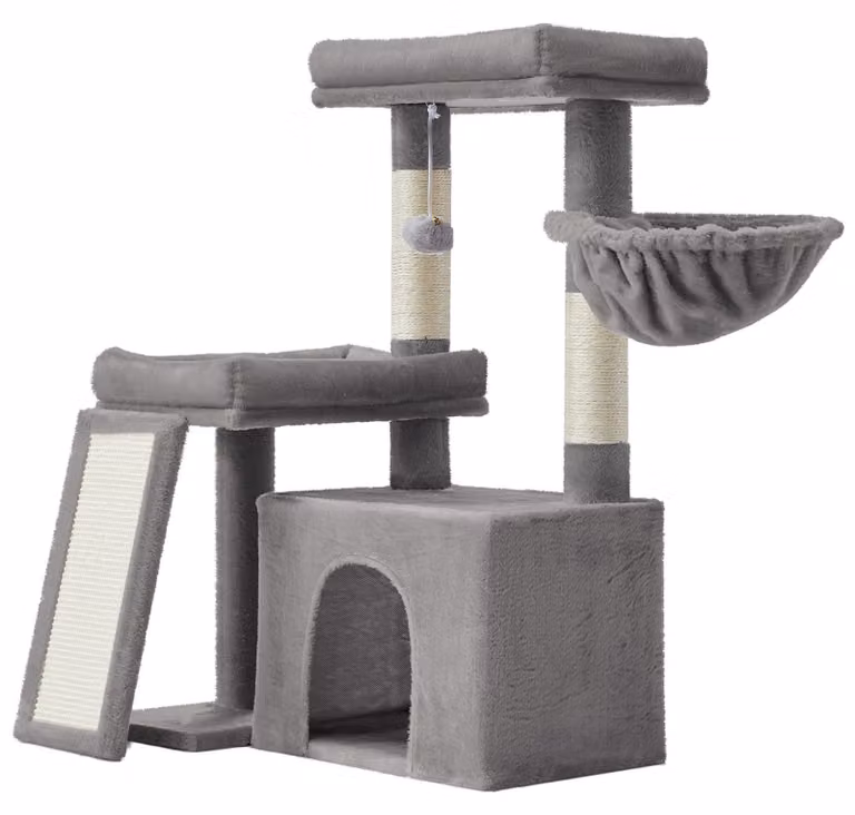 Albero per gatti con casetta, rampa e cesta, 2 piattaforme | Grigio chiaro | 58,9 x 92,5 x 85,8 cm