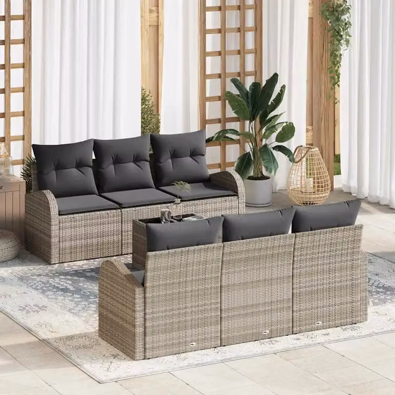 Set Divano da Giardino vidaXL 7 Pezzi Grigio con Tavolino e Pouf in Metallo e Tessuto