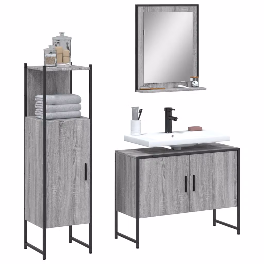 Set di mobili da bagno vidaXL 3 pezzi grigio moderno con mobile lavabo, pensile e mobile laterale in legno e metallo