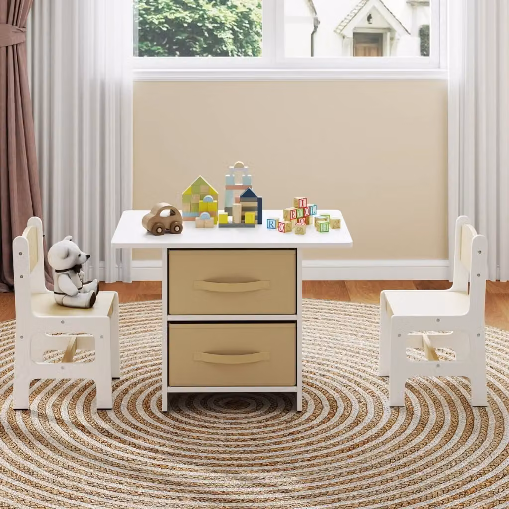 Set di tavolo e 2 sedie per bambini con ceste portaoggetti rimovibili, design moderno in MDF e legno, Beige e Bianco – 2