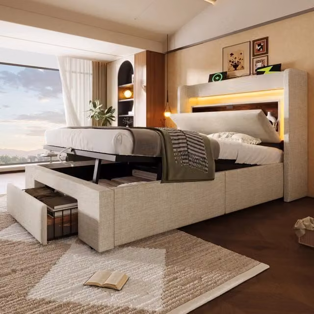 Letto per bambini 90x200 cm con LED; USB e USB-C; vano idraulico e cassetto; metallo e legno beige