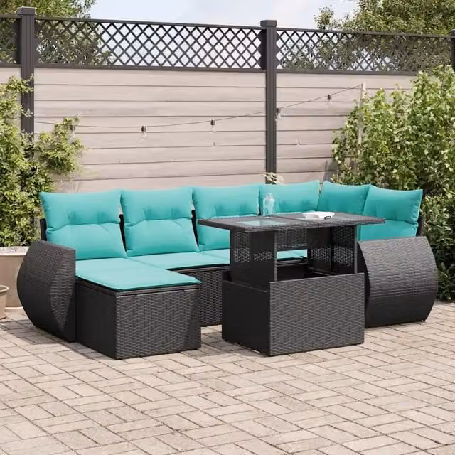 Set Divani da Giardino con Cuscini 7pz Nero Polyrattan Acacia 3326668