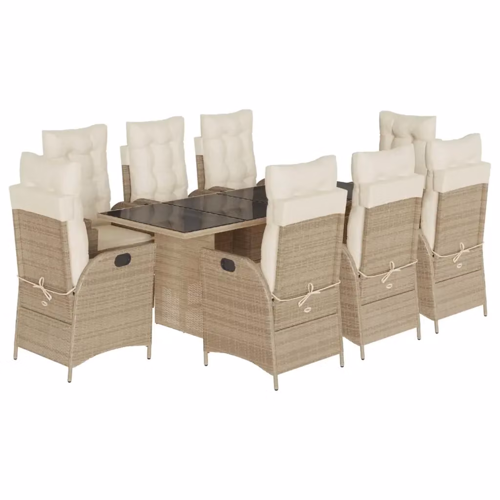 Set da pranzo da giardino vidaXL in polyrattan con cuscini beige e piano in vetro, 9 pezzi – 2