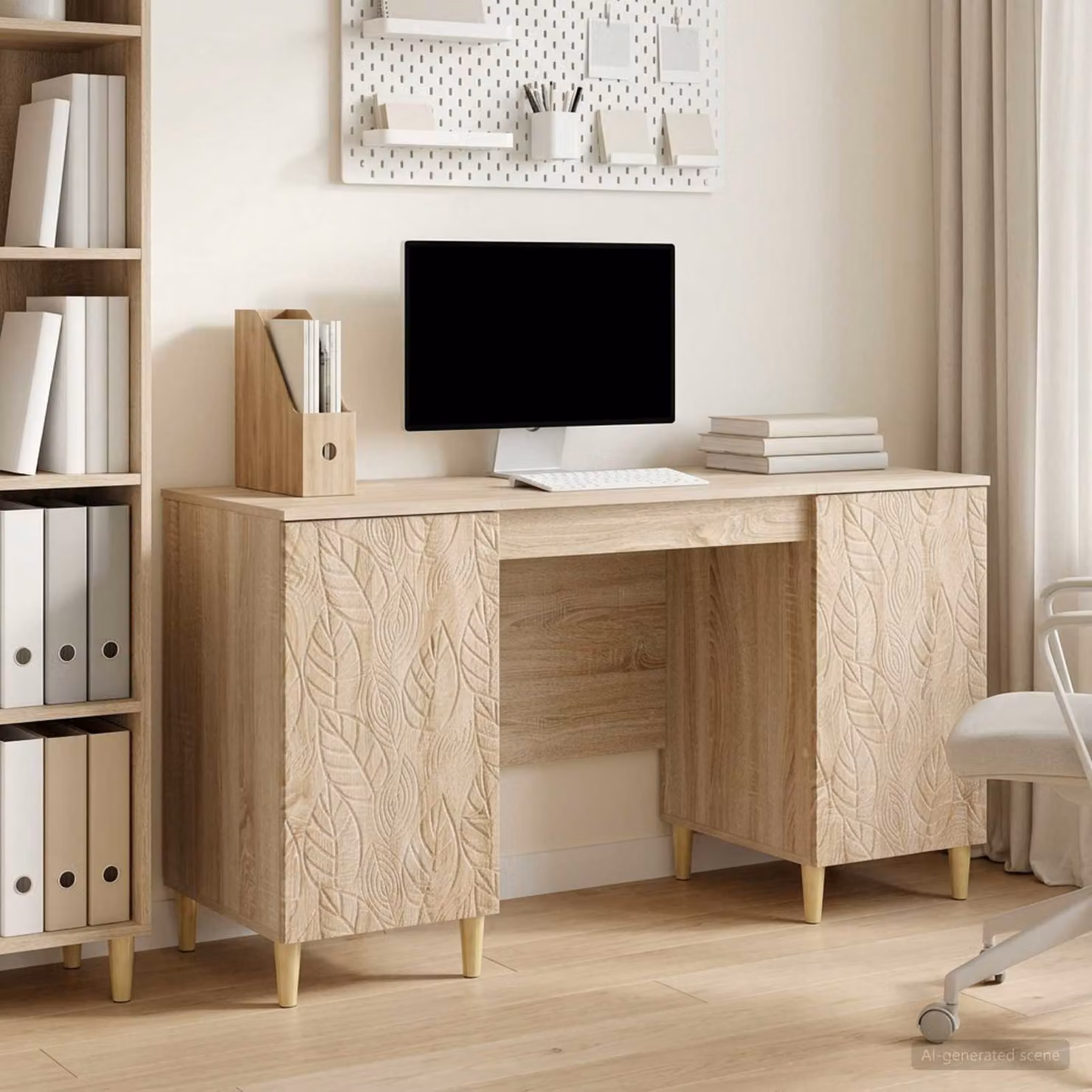 Scrivania moderna vidaXL in legno MDF color rovere, L: 142,5 cm, P: 50 cm, H: 75 cm