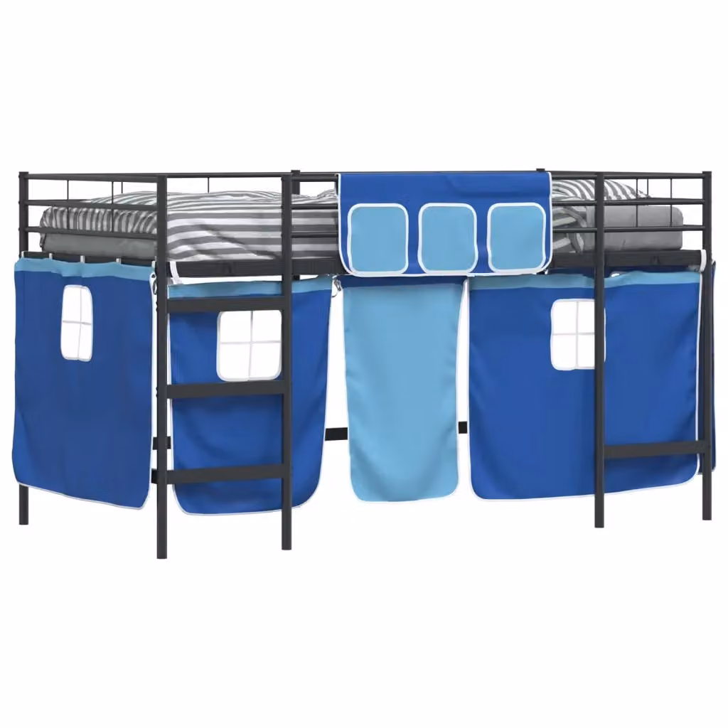 Letto Loft Singolo per Bambini DESIGN IN in Metallo con Scala e Tendine, Nero e Blu, H 205 x L 105 x P 196 cm – 2