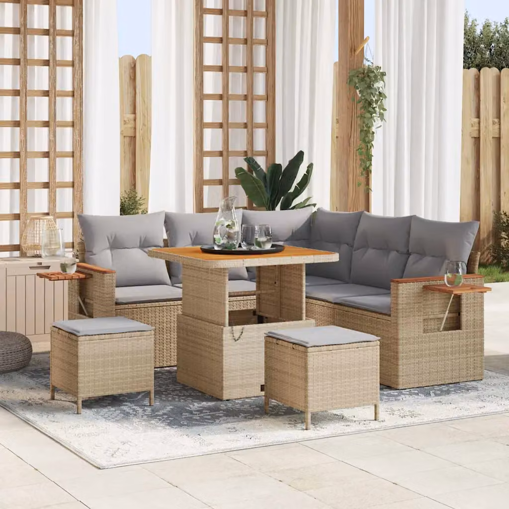 Set Divano da Giardino vidaXL 9 Pezzi a Forma di L con Tavolino e Pouf, Colore Beige e Grigio – 1