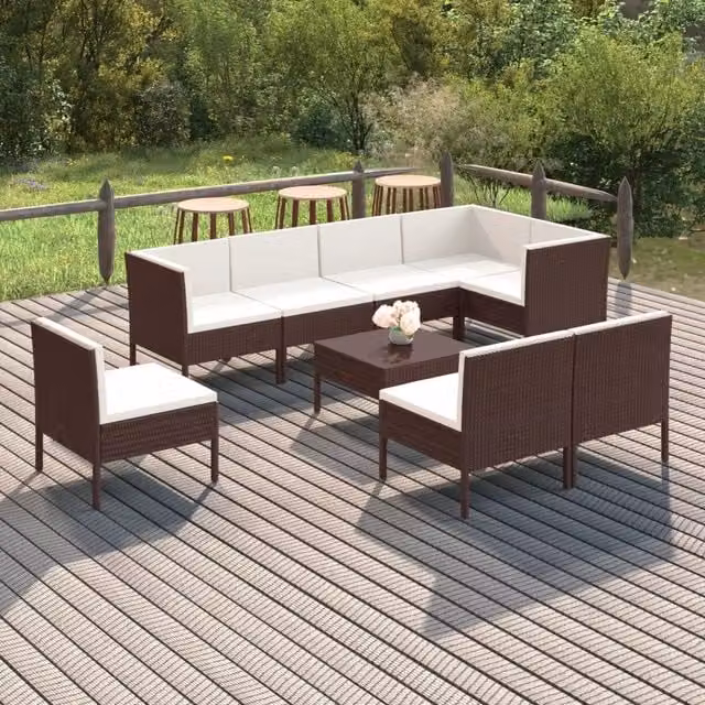 Set Divani da Giardino 9 pz con Cuscini in Polyrattan Marrone 3094399