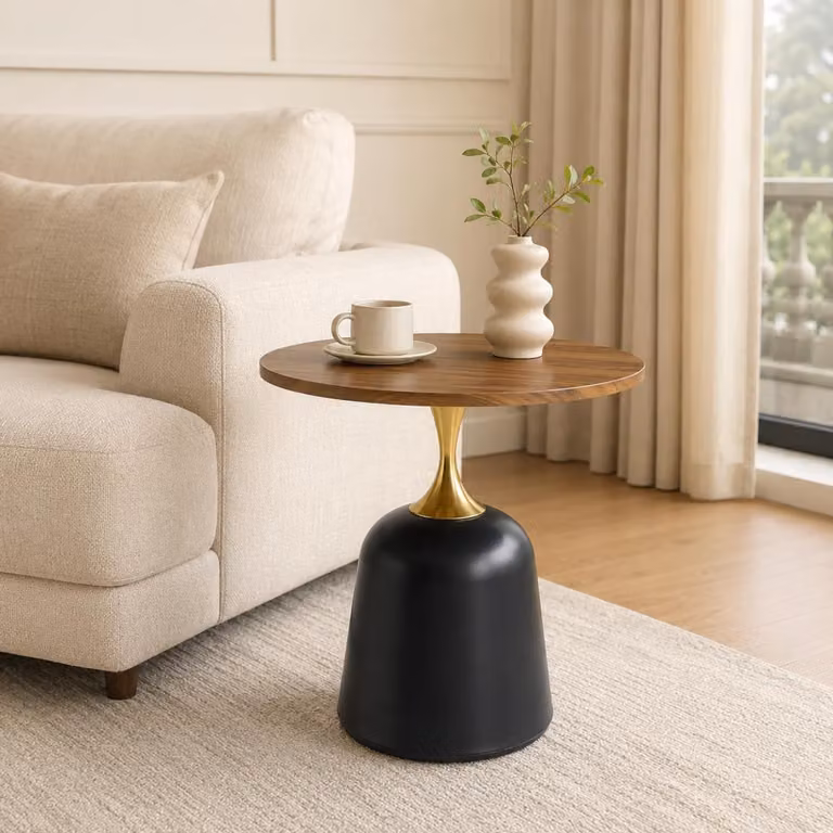 Tavolino rotondo da divano, diametro 60 cm. Tavolino con struttura in metallo e aspetto legno. Design moderno. Ideale per il soggiorno. Dimensioni: 60x60x58 cm