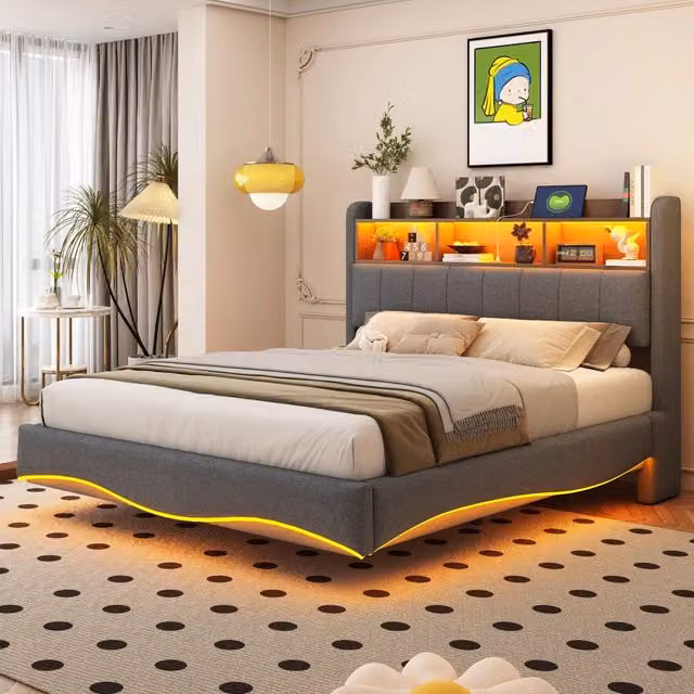 Letto imbottito 140x200 cm grigio con design sospeso; LED e prese USB Tipo C per camera da letto