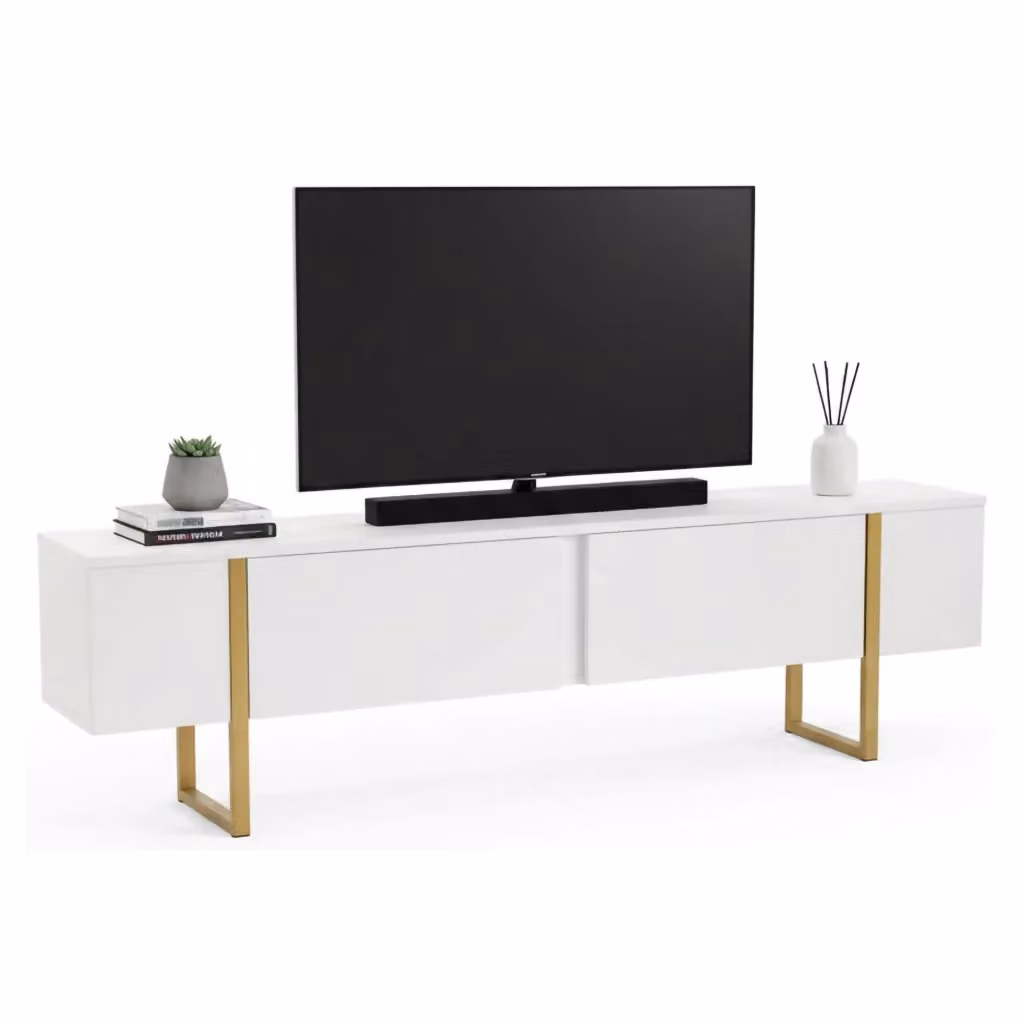 Mobile porta TV Lilith DMORA, Credenza da soggiorno moderna in MDF lucido, Bianco e Oro, L 180 x P 29,5 x H 50 cm – 2