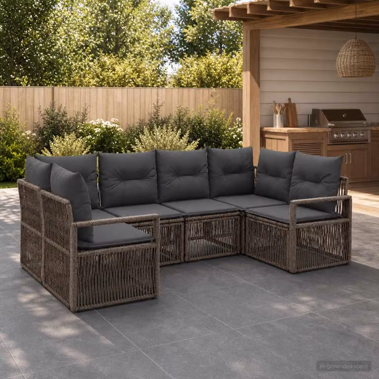 Set Divano da Giardino vidaXL a 6 posti in Polyrattan Grigio con Cuscini e Struttura in Acciaio