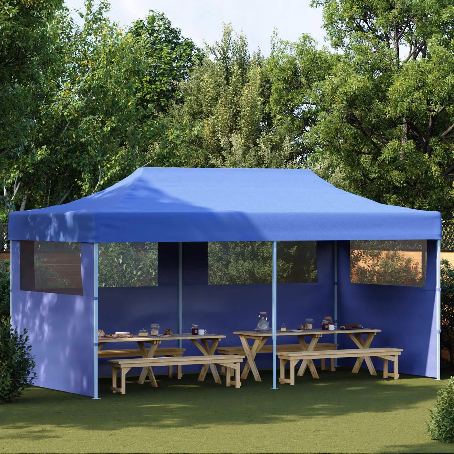Tenda Party vidaXL in tessuto Oxford blu con struttura in acciaio e poliestere L/P/H: 291 x 580 x 315 cm