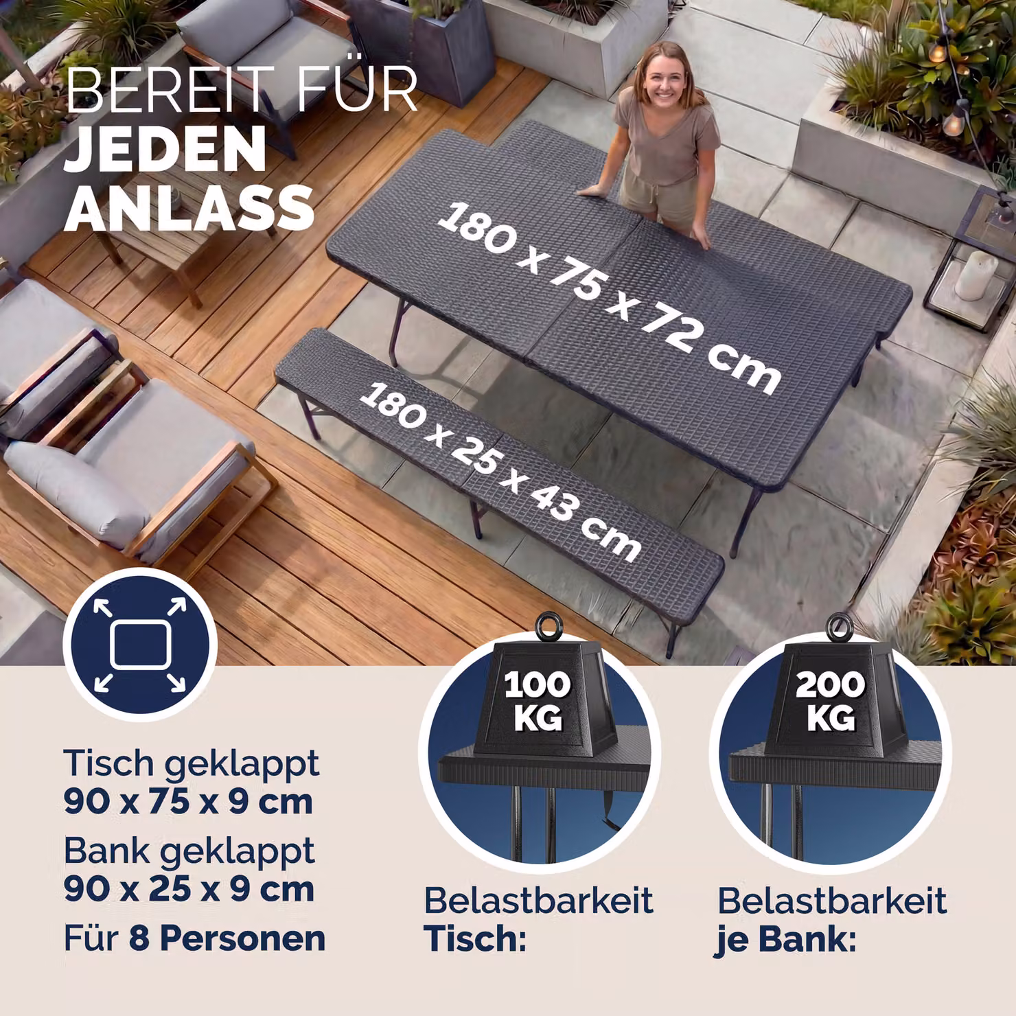 Set Tavolo e Panchine Malmö Casaria in Polyrattan Nero per Giardino e Terrazzo L: 180 cm – 2