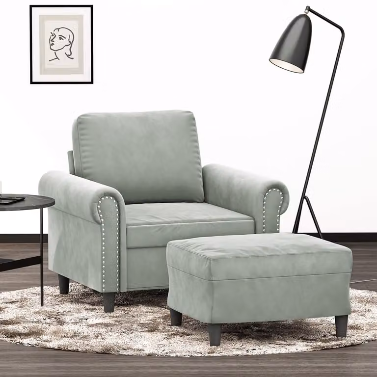 vidaXL Poltrona Relax con Poggiapiedi in Velluto Grigio con Braccioli e Struttura in Metallo e MDF