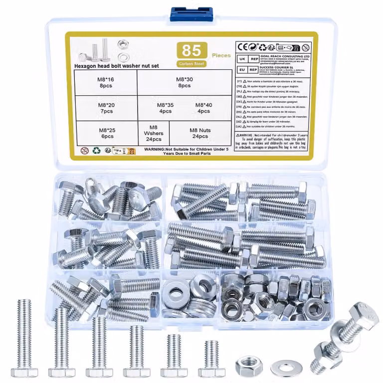 Set viti M8 - Bulloni esagonali e dadi - 85 pezzi - Zincato bianco - Con rondelle