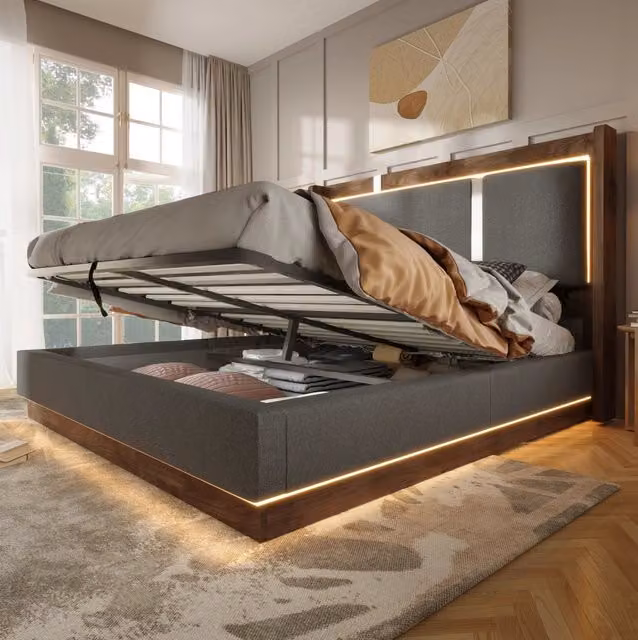 Letto matrimoniale ULEVR 180x200 cm con contenitore idraulico, LED e rete a doghe, grigio e noce