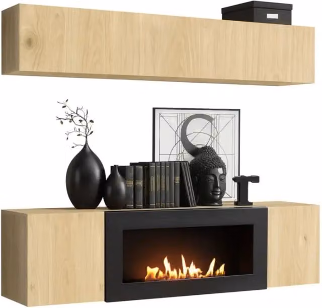 Composizione murale FLY – Rovere chiaro – Vetrina orizzontale e mobile TV con camino a bioetanolo