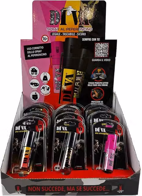 Espositore Spray Antiaggressione Diva Defence System, 18 pezzi, Rosa e Multicolore