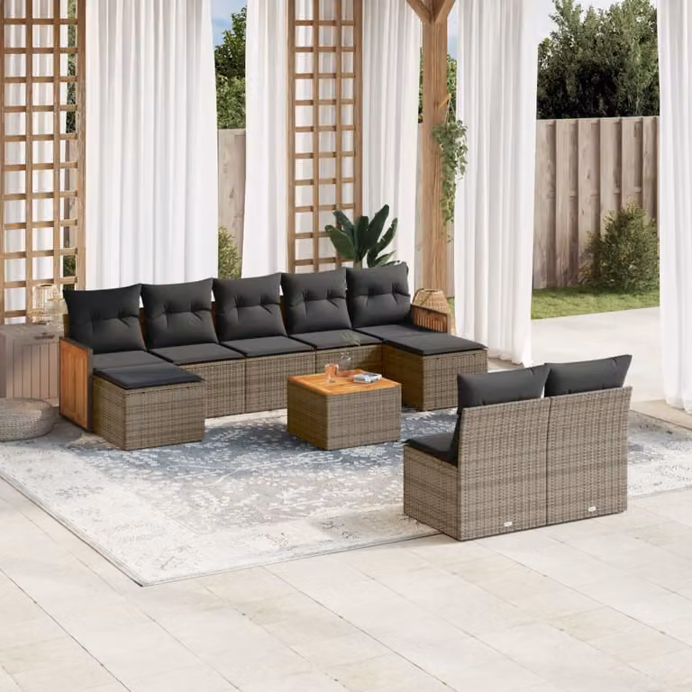 vidaXL Set Divano da Giardino 10 pz in Polyrattan Grigio con Cuscini Imbottiti e Tavolino da Caffè