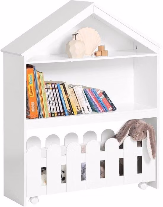 Contenitore a misura di bambino con rotelle e libreria a forma di casetta