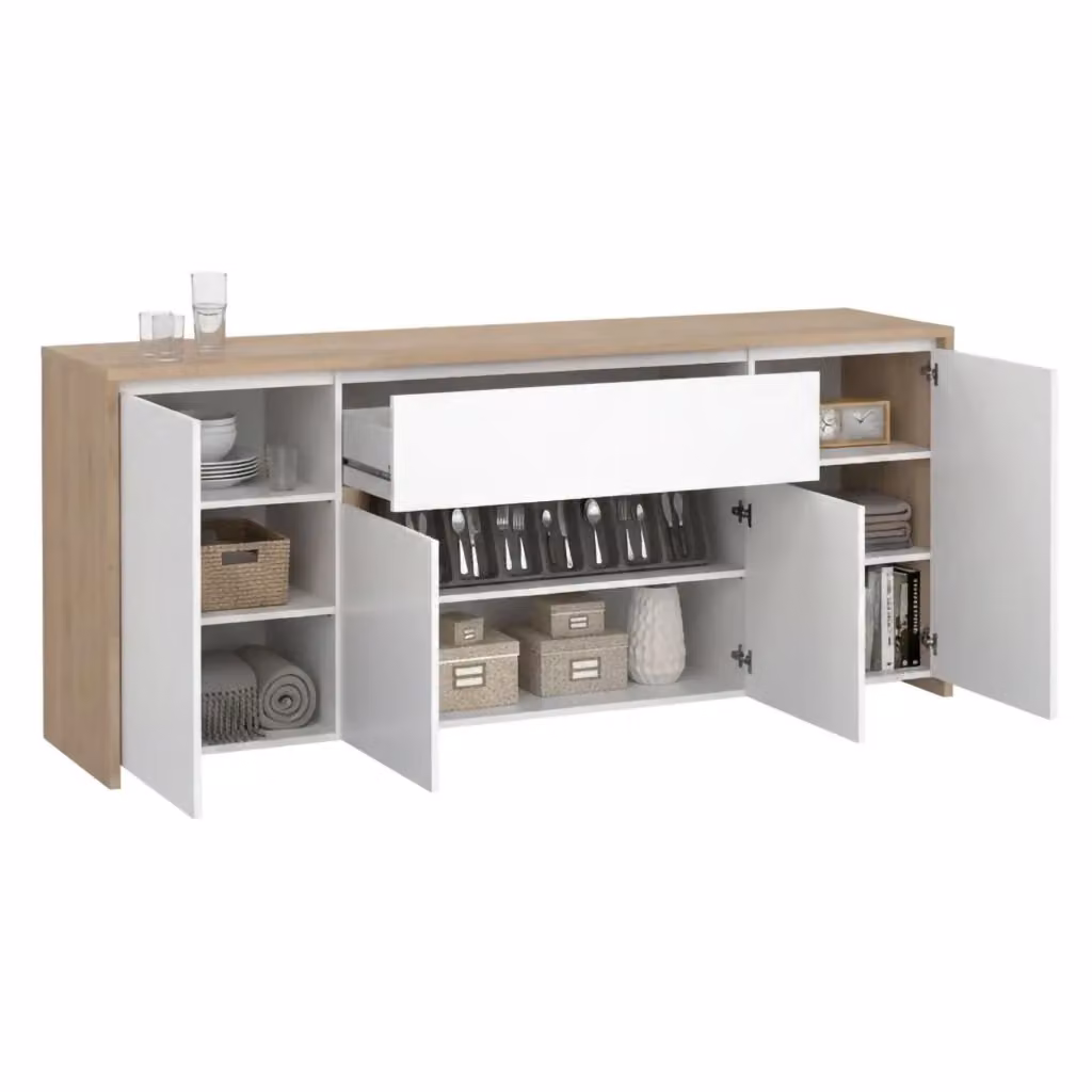 Credenza Basile DMORA, Buffet e Madia da soggiorno in Rovere e Bianco lucido, L: 197 cm, P: 48 cm, H: 84 cm – 2