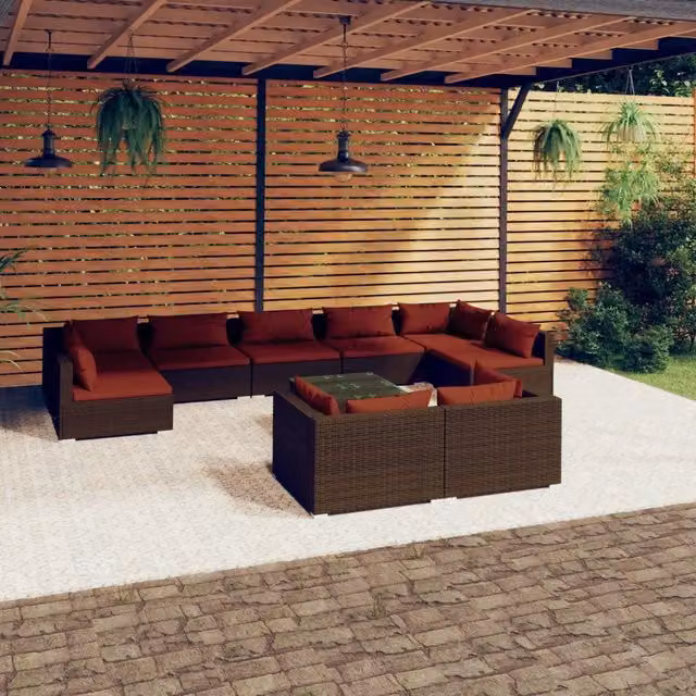Set da giardino moderno vidaXL composto da 10 pezzi con divano a 3 posti, elementi angolari, tavolino da caffè e cuscini in rattan marrone e rosso con struttura in acciaio verniciato a polvere – 1