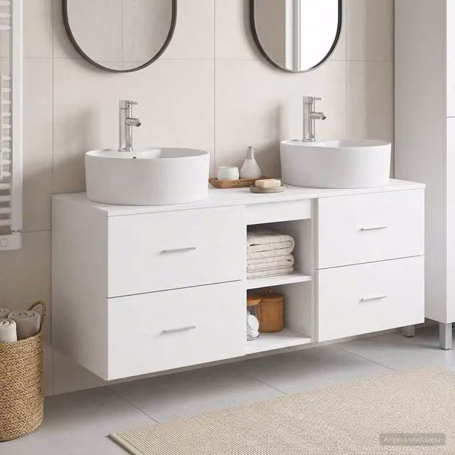 Set di 3 mobili da bagno moderni vidaXL in legno bianco opaco, comprendente base lavabo e pensili sospesi, L/P/H: 129 x 44.5 x 82 cm