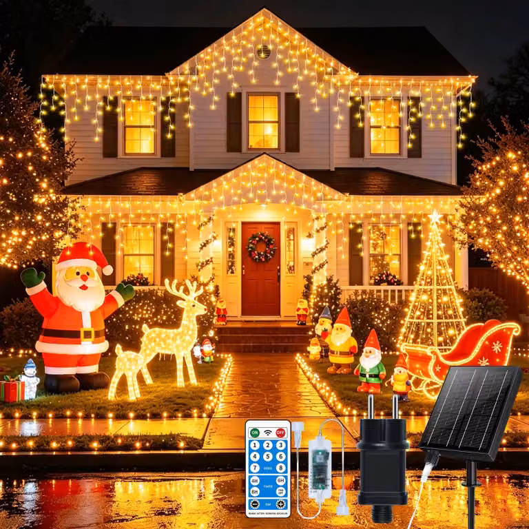 Catena luminosa a LED effetto pioggia di ghiaccio, 30+5 metri, 800 LED, alimentazione solare e a corrente, con timer