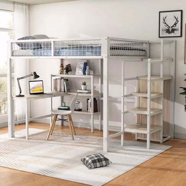 Letto a soppalco matrimoniale 140 × 200 cm con scrivania, armadio e mensole, senza materasso, bianco