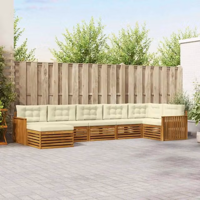 Set di divani da esterno a L vidaXL in legno di acacia con 7 pezzi, colore beige e bianco